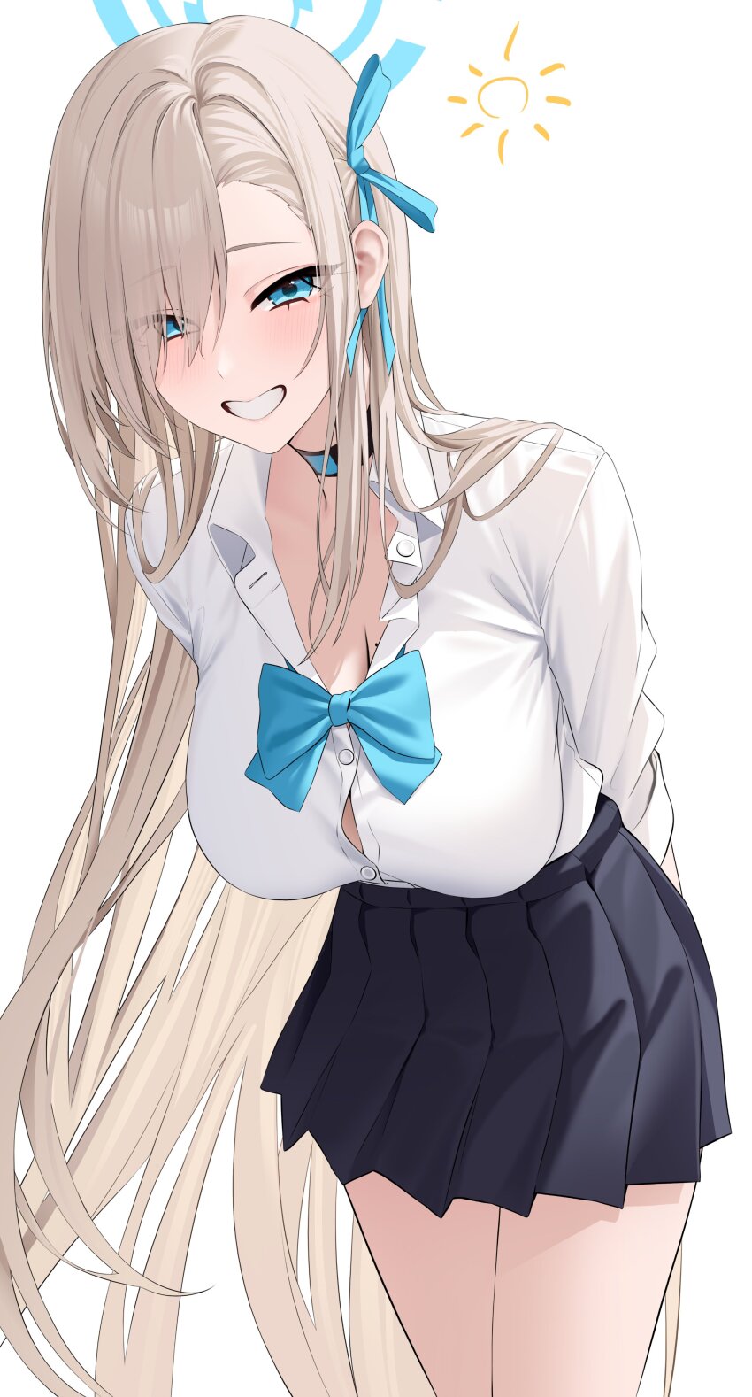 1girl absurdres asuna_(blue_archive) asuna_(school_uniform)_(blue_archive) black_skirt blue_archive blue_bow blue_bowtie blue_eyes blue_halo blue_ribbon blush bow bowtie breasts brown_hair choker cleavage hair_over_one_eye hair_ribbon halo highres large_breasts long_hair pleated_skirt ribbon shirt skirt smile solo sun very_long_hair wanne white_background white_shirt