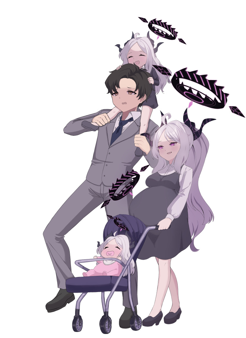 3girls absurdres ahoge baby baby_carrier black_hair black_necktie blue_archive blush breasts collared_shirt demon_horns dress family father_and_daughter formal grey_dress grey_pants grey_suit halo highres hina_(blue_archive) horns husband_and_wife large_breasts long_hair long_sleeves madrawing mother_and_daughter multiple_girls necktie open_mouth pants parted_bangs ponytail pregnant purple_eyes sensei_(blue_archive) sensei_(blue_archive_the_animation) shirt short_hair smile suit very_long_hair white_background white_shirt