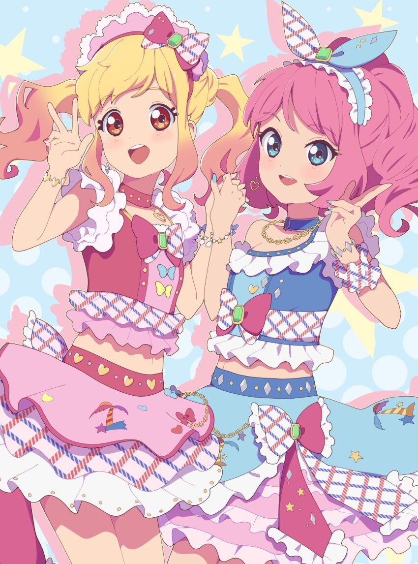 2girls :d aikatsu!_(series) aikatsu_stars! bare_arms blonde_hair blue_background blue_bow blue_choker blue_eyes blue_shirt blue_skirt blush bow bow_hairband bow_skirt choker cowboy_shot cropped_shirt dot_nose drill_hair drop_shadow earrings frilled_hairband frilled_shirt frilled_skirt frills gradient_hair hairband hands_up heart heart_earrings highres holding_hands interlocked_fingers jewelry legs_together long_hair maid_headdress midriff multicolored_hair multiple_girls necklace nijino_yume off-shoulder_shirt off_shoulder open_mouth orange_eyes orange_hair pink_choker pink_hair pink_headdress pink_skirt plaid_bow plaid_clothes plaid_shirt red_bow red_shirt sakuraba_rola shirt sidelocks single_bare_shoulder skirt smile standing star_(symbol) teeth twintails upper_teeth_only v white_wrist_cuffs wrist_cuffs yuniwo