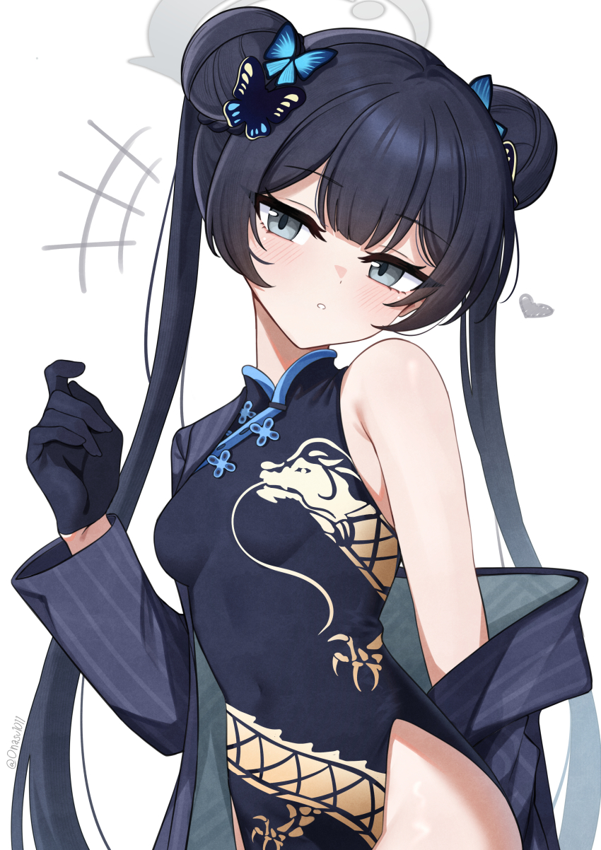 1girl absurdres black_coat black_dress black_gloves blue_archive blush breasts butterfly_hair_ornament china_dress chinese_clothes coat commentary double_bun dragon_print dress gloves grey_halo hair_bun hair_ornament halo hand_up heart highres kisaki_(blue_archive) long_hair long_sleeves looking_at_viewer nassss simple_background single_bare_shoulder single_off_shoulder sleeveless sleeveless_dress small_breasts solo striped_coat twintails upper_body vertical-striped_coat white_background