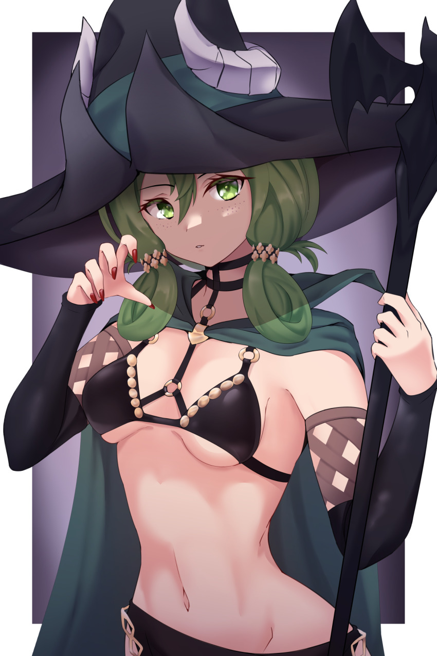 1girl bikini bikini_top_only black_bikini black_hat black_skirt black_sleeves border breasts cloak commentary cowboy_shot detached_sleeves dot_nose english_commentary fake_horns favoritevoidpixel folded_hair freckles green_cloak green_eyes green_hair hair_between_eyes hair_ornament hand_up hat highres holding holding_staff holding_weapon horned_hat horned_headwear horns large_hat long_hair nail_polish navel o-ring o-ring_strap o-ring_top parted_lips pelvic_curtain red_nails shadow skindentation skirt small_breasts solo staff swimsuit unicorn_overlord weapon white_border witch witch_hat yahna_(unicorn_overlord)