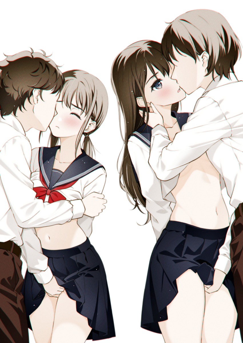 2boys 2girls belt blue_sailor_collar brown_hair brown_pants closed_eyes collared_shirt commentary_request commission faceless faceless_male fingering grabbing_another&#039;s_arm hair_behind_ear hair_between_eyes highres lifting_another&#039;s_clothes long_hair low_twintails moonsorrow multiple_boys multiple_girls navel neckerchief original pants partial_commentary pixiv_commission pleated_skirt red_neckerchief sailor_collar school_uniform serafuku shirt short_twintails simple_background skirt standing twintails white_background white_serafuku white_shirt