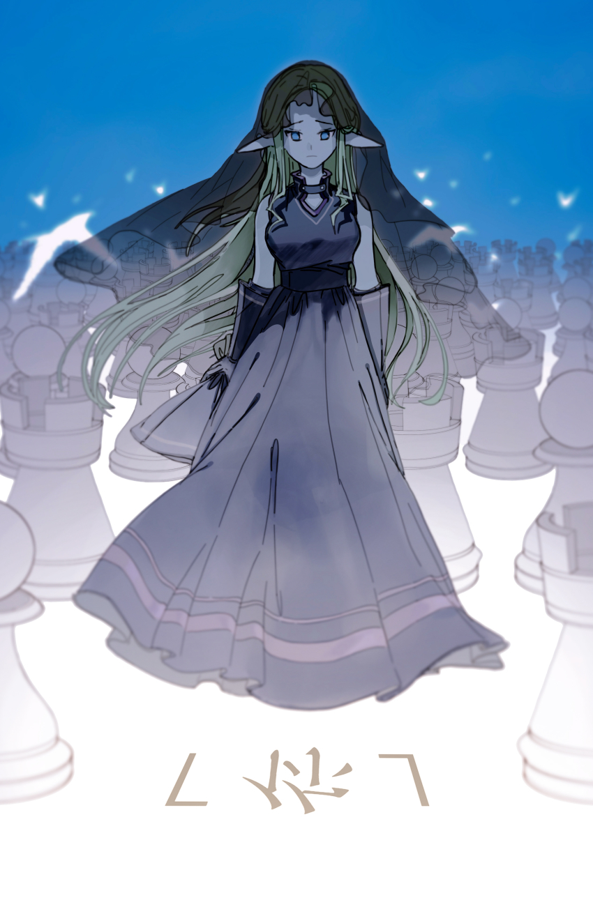 1girl absurdres bare_shoulders bishop_(chess) black_gloves blonde_hair blue_background blue_eyes blurry breasts chess_piece depth_of_field dress floating_hair full_body gloves highres long_hair long_sleeves looking_at_viewer nintendo pawn_(chess) planstar princess_zelda rook_(chess) sad see-through_clothes sleeveless sleeveless_dress solo standing the_legend_of_zelda veil very_long_hair