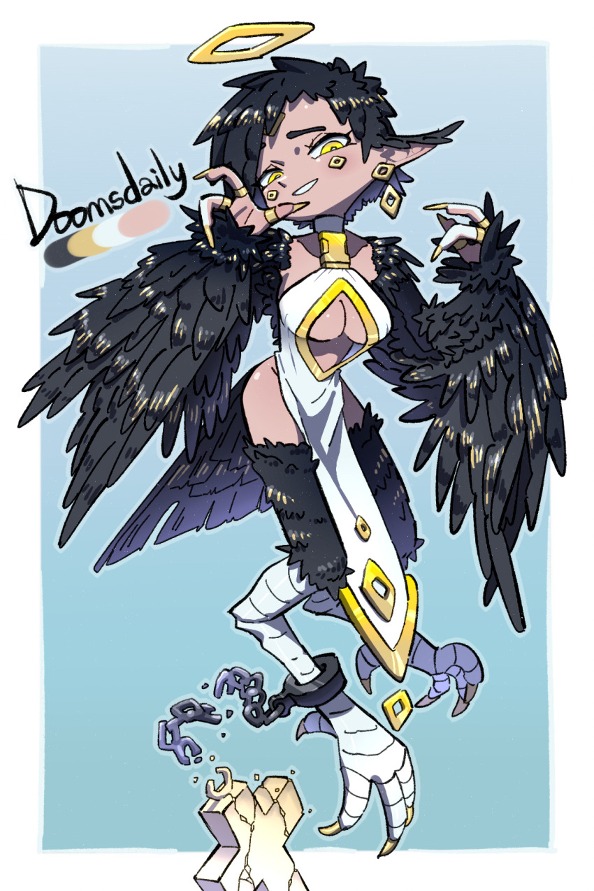 1girl artist_name bird_legs bird_tail black_feathers black_hair black_wings blush broken broken_chain center_opening chain claws commentary commission doomsdaily333 dress earrings english_commentary feathered_wings feathers halo harpy highres jewelry looking_at_viewer monster_girl original pixiv_commission pointy_ears short_hair tail talons white_dress winged_arms wings yellow_eyes