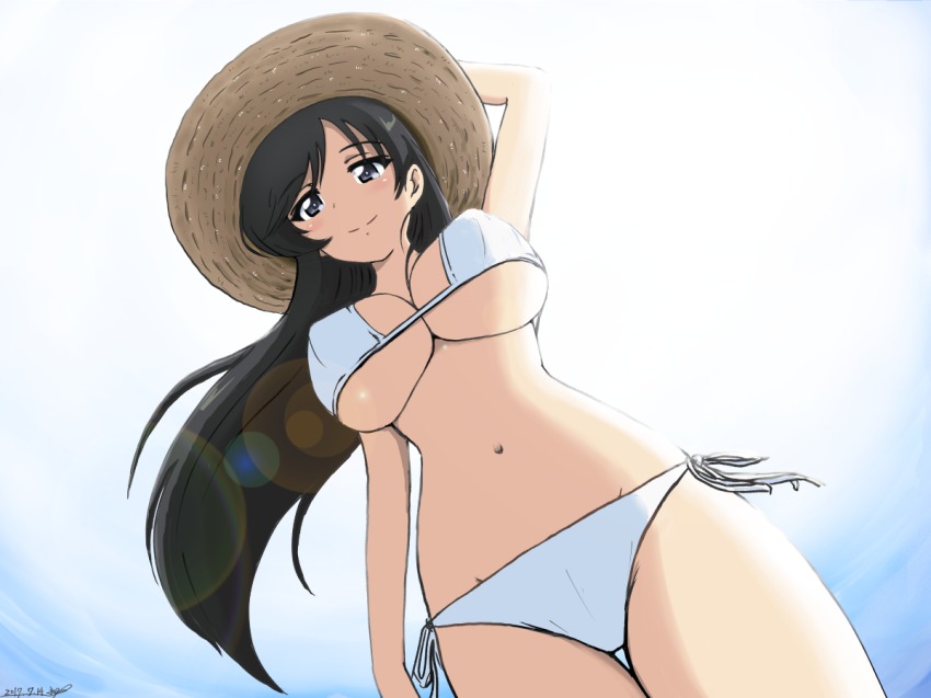 10s 1girl bikini black_hair blue_eyes blush breasts bukkuri day female_focus girls_und_panzer groin hat isuzu_hana large_breasts navel side-tie_bikini_bottom sky smile solo straw_hat swimsuit underboob white_bikini