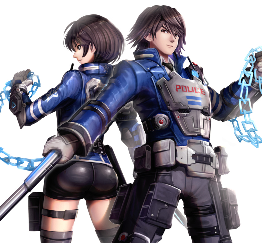 1boy 1girl akira_howard_(female) akira_howard_(male) ass astral_chain baton_(weapon) black_hair black_shorts brown_eyes chain from_behind gloves gonzarez highres holster looking_at_viewer pants shiny_clothes short_hair short_shorts shorts smile thigh_holster thighhighs weapon