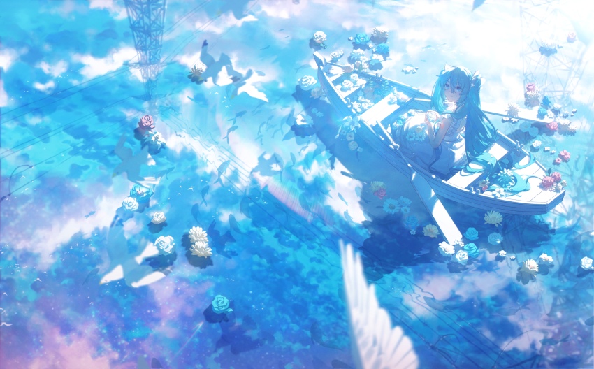 1girl absurdres aqua_eyes aqua_hair bird blue_flower boat canoe cloud dress flower hatsune_miku highres konya_karasue long_hair oar outdoors pink_flower reflection reflective_water sitting sky sleeveless sleeveless_dress solo twintails very_long_hair vocaloid water watercraft white_dress white_flower yellow_flower