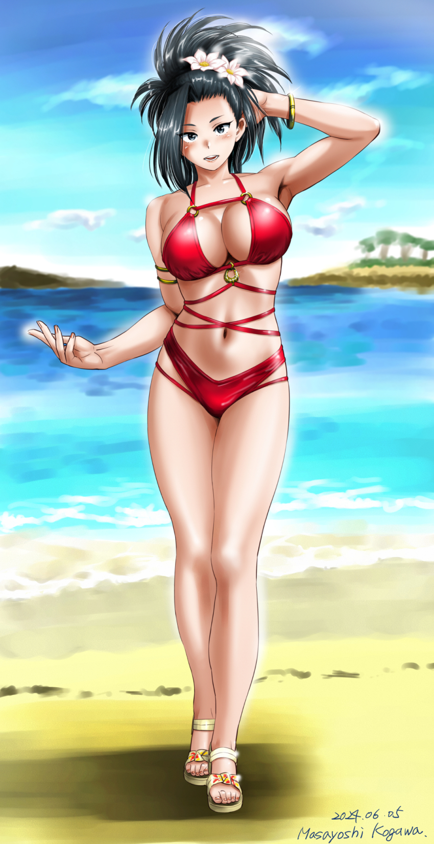 1girl beach bikini black_eyes black_hair boku_no_hero_academia breasts cleavage day flower full_body hair_flower hair_ornament highres kogawa_masayoshi large_breasts looking_at_viewer navel ocean outdoors red_bikini sand sandals solo standing swimsuit tree yaoyorozu_momo