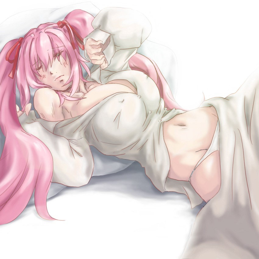 10s 1girl arm_up artist_request bad_id bad_pixiv_id bare_shoulders bed bed_sheet blush breasts buttons cleavage covered_erect_nipples dress_shirt eyes_visible_through_hair female_focus green_eyes hagure_yuusha_no_estetica hair_ribbon half-closed_eyes highres huge_breasts indoors long_hair long_sleeves looking_at_viewer lowleg lowleg_panties lying navel nipples no_bra no_pants off_shoulder on_back one_eye_closed ousawa_miu panties pillow pink_hair ribbon shirt sleepy sleeves_past_wrists solo twintails under_covers underwear very_long_hair waking_up white_panties white_shirt wink