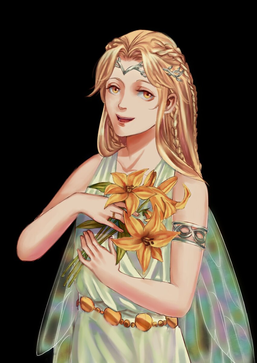 1boy absurdres armlet blonde_hair braid circlet elden_ring flower gold_belt green_tunic highres holding holding_flower holding_to_chest insect_wings iridescent jewelry lily_(flower) long_hair looking_at_viewer miquella_(elden_ring) multiple_braids pkbth ring sleeveless_tunic smile tunic wings yellow_eyes