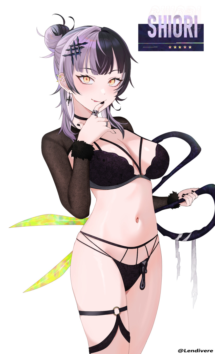 1girl black_bra black_choker black_hair black_nails black_panties bra breasts character_name choker cleavage ear_piercing earrings floral_print fur-trimmed_shrug grey_hair hair_ornament highres holding hololive hololive_english jewelry lendivere multicolored_hair navel o-ring o-ring_thigh_strap panties piercing ring rose_print shiori_novella shrug_(clothing) solo split-color_hair star_(symbol) thigh_strap twitter_username underwear underwear_only virtual_youtuber yellow_eyes