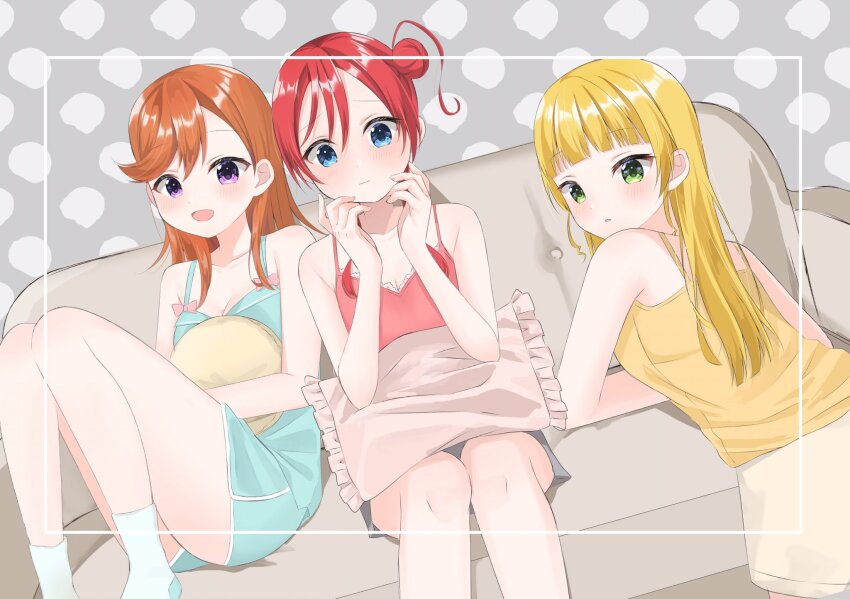 3girls :d blonde_hair blue_camisole blue_eyes blue_shorts blunt_bangs blush breasts camisole catchu!_(love_live!) cleavage closed_mouth collarbone commentary dolphin_shorts dutch_angle embarrassed green_eyes grey_background grey_shorts hair_bun heanna_sumire highres kneeling knees_up long_hair looking_at_viewer looking_back love_live! love_live!_superstar!! medium_breasts multiple_girls nako_(mi0907_mi) open_mouth orange_hair parted_lips red_camisole red_hair shibuya_kanon short_hair_with_long_locks shorts sidelocks single_side_bun sitting smile swept_bangs white_shorts yellow_camisole yoneme_mei