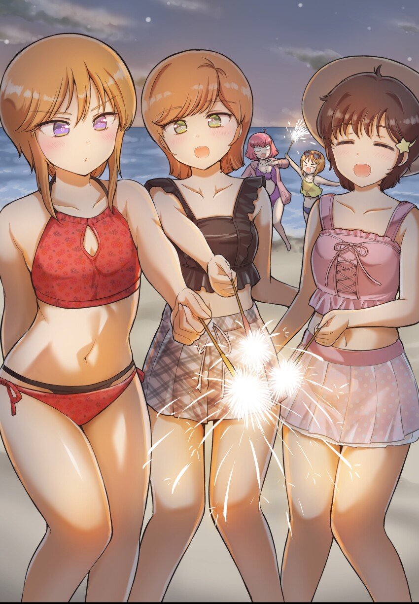 5girls absurdres arasa_ol_haman-sama beach blush breasts cloud elpeo_puru fireworks gundam gundam_unicorn gundam_zz haman_karn highres holding holding_fireworks iwasaki_masakazu leina_ashta mineva_lao_zabi multiple_girls night ocean one-piece_swimsuit open_mouth outdoors pink_hair purple_eyes puru_two short_hair sky smile swimsuit zeta_gundam