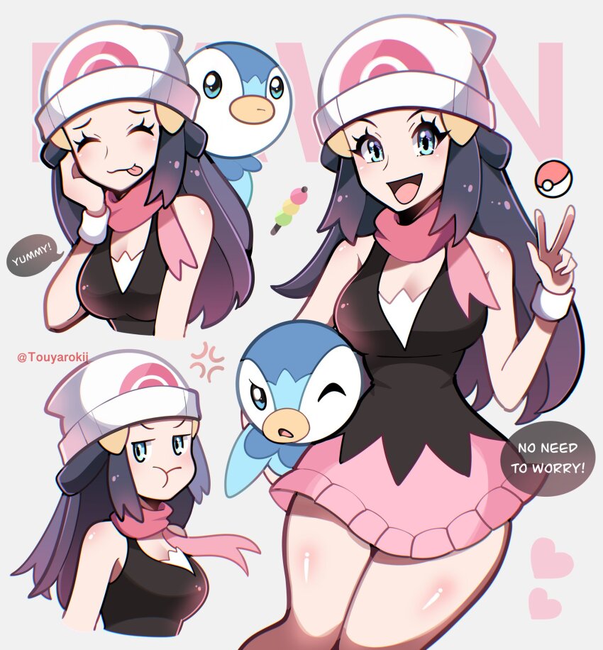 1girl beanie blue_eyes blue_hair breasts cleavage creatures_(company) dark_blue_hair dawn_(pokemon) dress english_text eyelashes game_freak gen_4_pokemon hat highres long_hair medium_breasts multiple_views nintendo piplup poke_ball pokemon pokemon_dppt pout scarf smile speech_bubble thick_thighs thighs tongue tongue_out touyarokii v