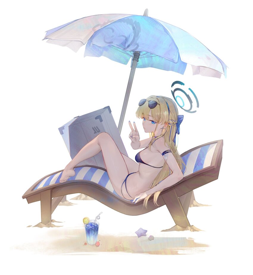 1girl beach_umbrella bikini blonde_hair blue_archive blue_eyes blue_halo bow breasts chair cup day drinking_glass eyewear_on_head from_side hair_bow halo highres long_hair lounge_chair medium_breasts nail_polish outdoors saw272 sideboob sitting solo sunglasses swimsuit toki_(blue_archive) umbrella v