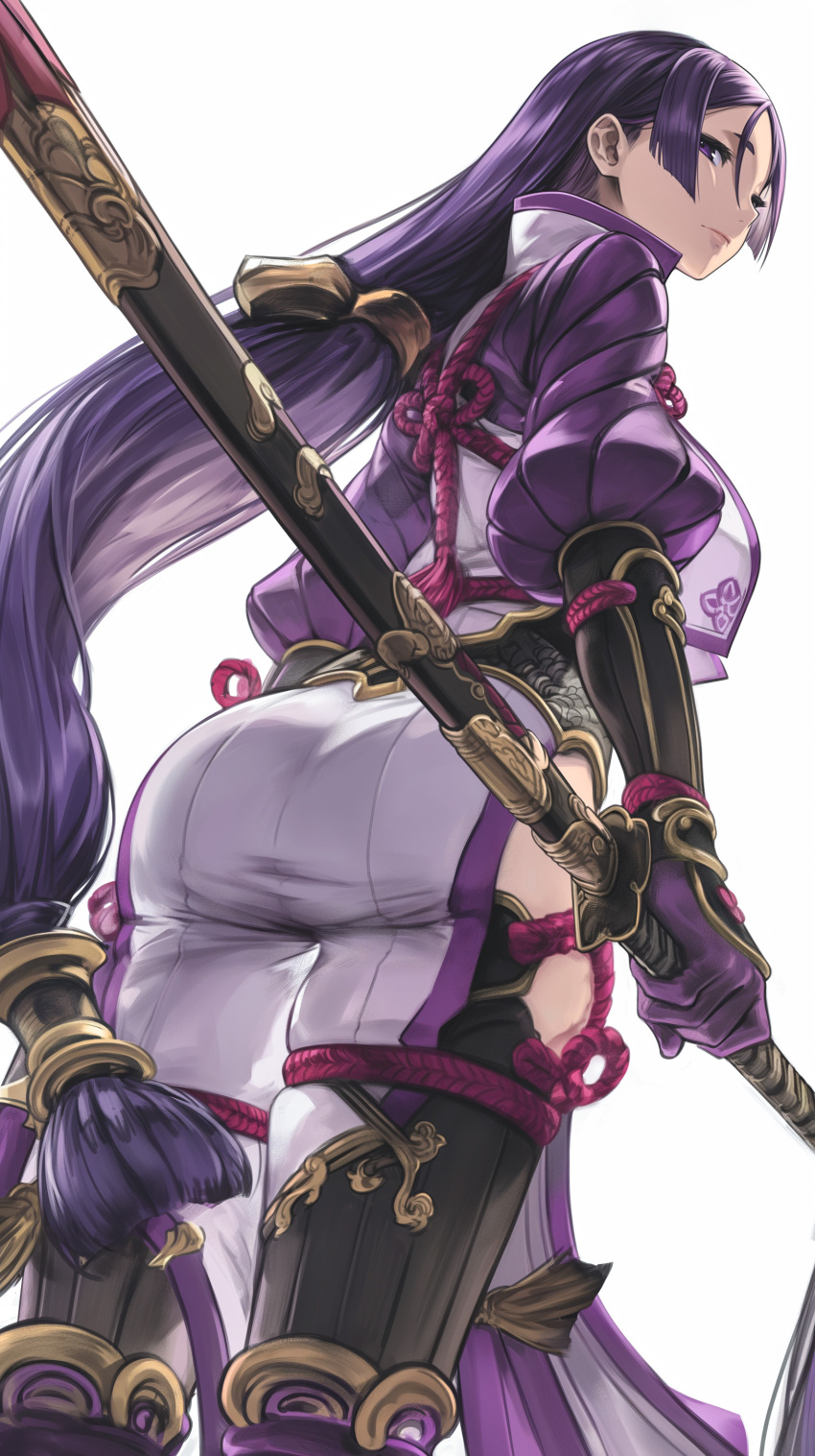 1girl absurdres arm_guards ass breasts closed_mouth clothing_request fate/grand_order fate_(series) from_below highres holding holding_sword holding_weapon katana koko_0316a large_breasts long_hair looking_at_viewer looking_back minamoto_no_raikou_(fate) purple_eyes purple_hair simple_background solo sword turning_head very_long_hair weapon white_background