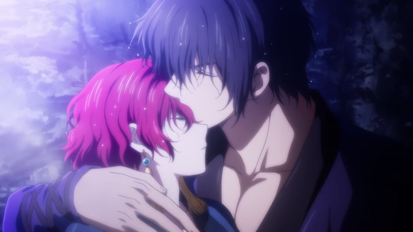 1boy 1girl akatsuki_no_yona blue_hair closed_eyes hak_(akatsuki_no_yona) hand_on_another&#039;s_shoulder highres jewelry kiss_on_forehead red_hair screencap short_hair yona_(akatsuki_no_yona)