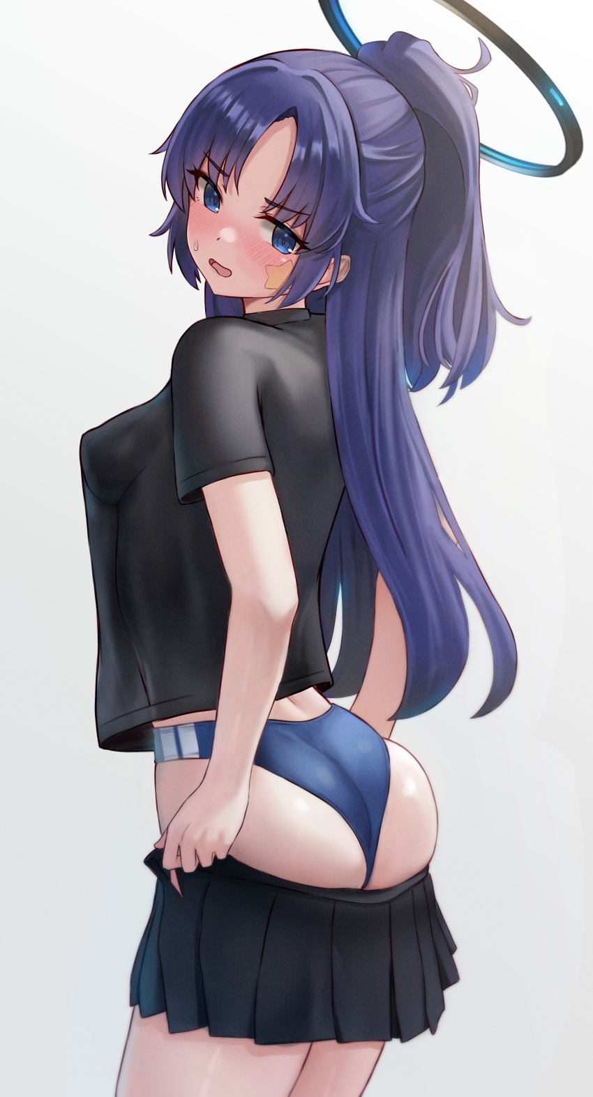 1girl absurdres ass black_shirt black_skirt blue_archive blue_buruma blue_eyes blue_hair blush breasts buruma facial_mark gradient_background grey_background gym_uniform halo highres kano_(wi3028) long_hair looking_at_viewer medium_breasts official_alternate_costume open_mouth parted_bangs pleated_skirt shirt short_sleeves skirt solo star_(symbol) star_facial_mark sweatdrop thighs yuuka_(blue_archive) yuuka_(track)_(blue_archive)