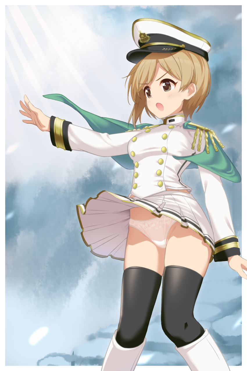 1girl absurdres aiba_yumi black_thighhighs blonde_hair capelet clothes_lift epaulettes feet_out_of_frame green_capelet hat highres idolmaster idolmaster_cinderella_girls long_sleeves military_hat military_uniform miniskirt mocchisake outstretched_arm panties pleated_skirt shirt short_hair skirt skirt_lift thighhighs underwear white_panties white_shirt