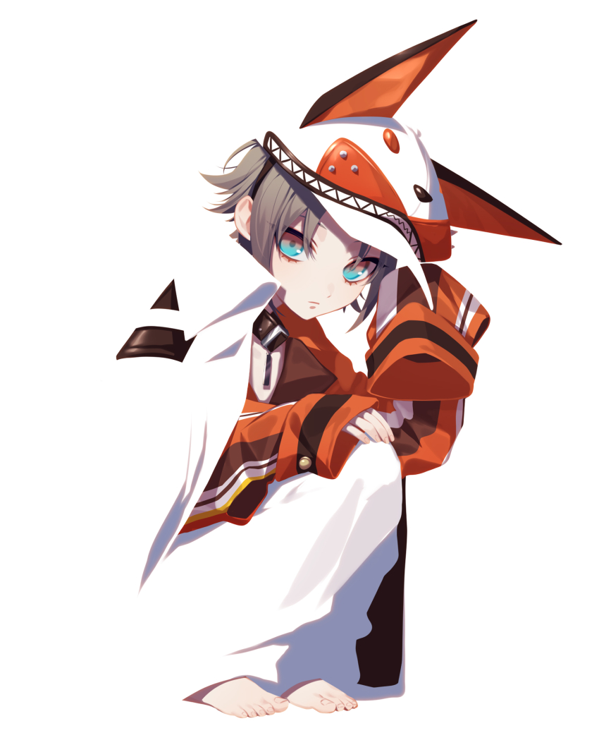 13_(bbr584607091) 1boy aged_down animal_ear_headwear animal_ears barefoot black_headband blending blue_eyes brown_eyes brown_hair brown_shirt closed_mouth coat fake_animal_ears fox_hat full_body gradient_eyes headband highres long_sleeves looking_at_viewer male_focus multicolored_eyes multicolored_shirt mysta_rias mysta_rias_(1st_costume) nijisanji nijisanji_en no_lineart orange_shirt pants shirt short_hair simple_background sleeves_past_fingers sleeves_past_wrists solo squatting striped_clothes striped_shirt vertical-striped_clothes vertical-striped_shirt virtual_youtuber white_background white_coat white_pants white_shirt