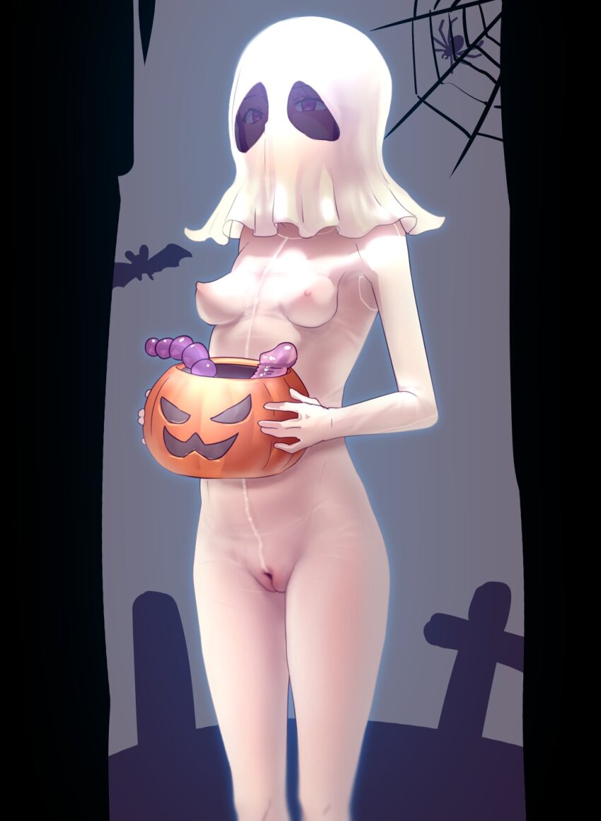 1girl breasts bucket bug cleft_of_venus commentary dildo ghost_mask grave halloween halloween_bucket halloween_costume highres holding holding_bucket mask nipples nude original pussy sex_toy silk small_breasts solo spider spider_web standing yamada_(gotyui)