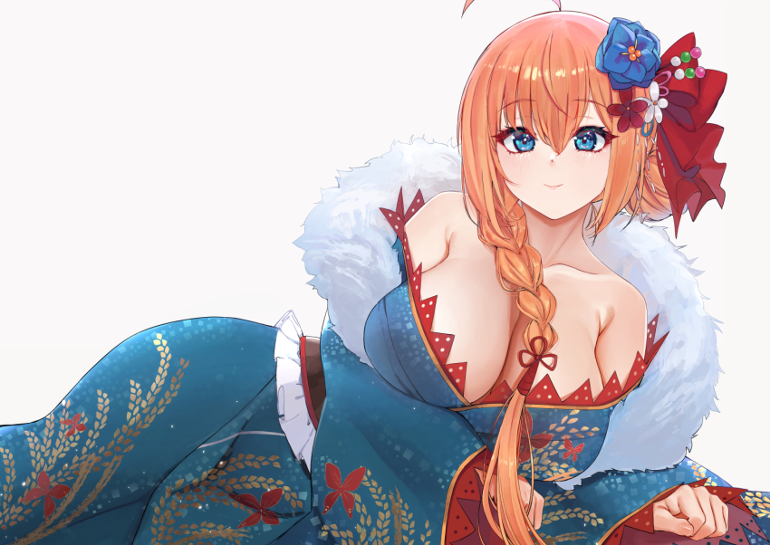 1girl ahoge alternate_costume alternate_hairstyle arm_support bad_id bad_pixiv_id bare_shoulders blue_eyes blue_flower blue_kimono bow breasts chen_bingyou cleavage closed_mouth collarbone commentary_request flower frills hair_bow hair_bun hair_flower hair_ornament hair_ribbon japanese_clothes kimono kimono_pull large_breasts long_hair long_sleeves looking_at_viewer lying obi off_shoulder on_side orange_hair pecorine_(new_year)_(princess_connect!) pecorine_(princess_connect!) princess_connect! red_bow red_flower red_ribbon ribbon sash side_bun single_hair_bun single_side_bun smile solo white_flower wide_sleeves