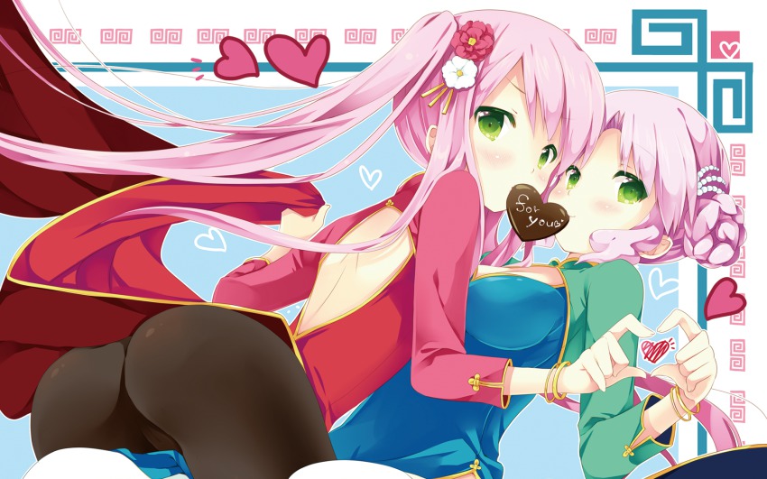 2girls ass beads black_legwear bracelet breasts cafe_sourire cameltoe candy china_dress chinese_clothes chocolate chocolate_heart dress flower food green_eyes hair_beads hair_bun hair_flower hair_ornament heart heart_hands heart_hands_duo highres jewelry long_hair mizushima_kasumi mizushima_serika multiple_girls natsume_eri non-web_source pantyhose pink_hair shared_food siblings single_hair_bun sisters twintails valentine