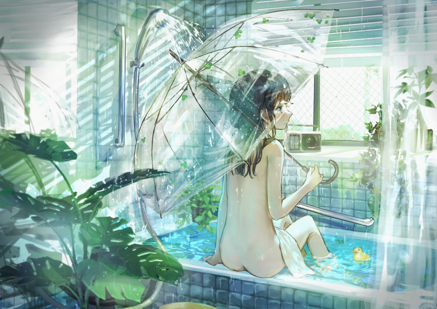 1girl arm_at_side ass back bathroom bathtub black_hair closed_mouth commentary_request female_focus holding holding_umbrella indoors long_hair looking_away looking_to_the_side nude original plant potted_plant purple_eyes roki_(0214278) rubber_duck shower_curtain showering sitting soaking_feet solo tile_wall tiles towel transparent transparent_umbrella umbrella water window