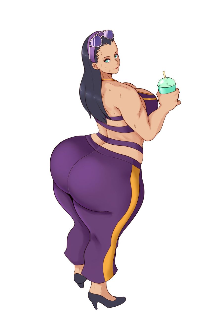 1girl ass black_hair blue_eyes cup drinking_glass drinking_straw eyewear_on_head glasses high_heels highres huge_ass long_hair looking_at_viewer nico_robin one_piece one_piece:_stampede simple_background solo sunglasses sunnysundown sweat sweatdrop white_background