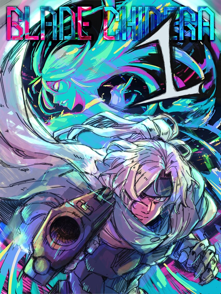 1boy 1girl aiming aiming_at_viewer armor blade_chimera cape colored_skin copyright_name countdown_illustration green_hair green_skin gun headband highres lux_(blade_chimera) official_art release_celebration second-party_source see-through_body shin_(blade_chimera) weapon white_hair yutarou