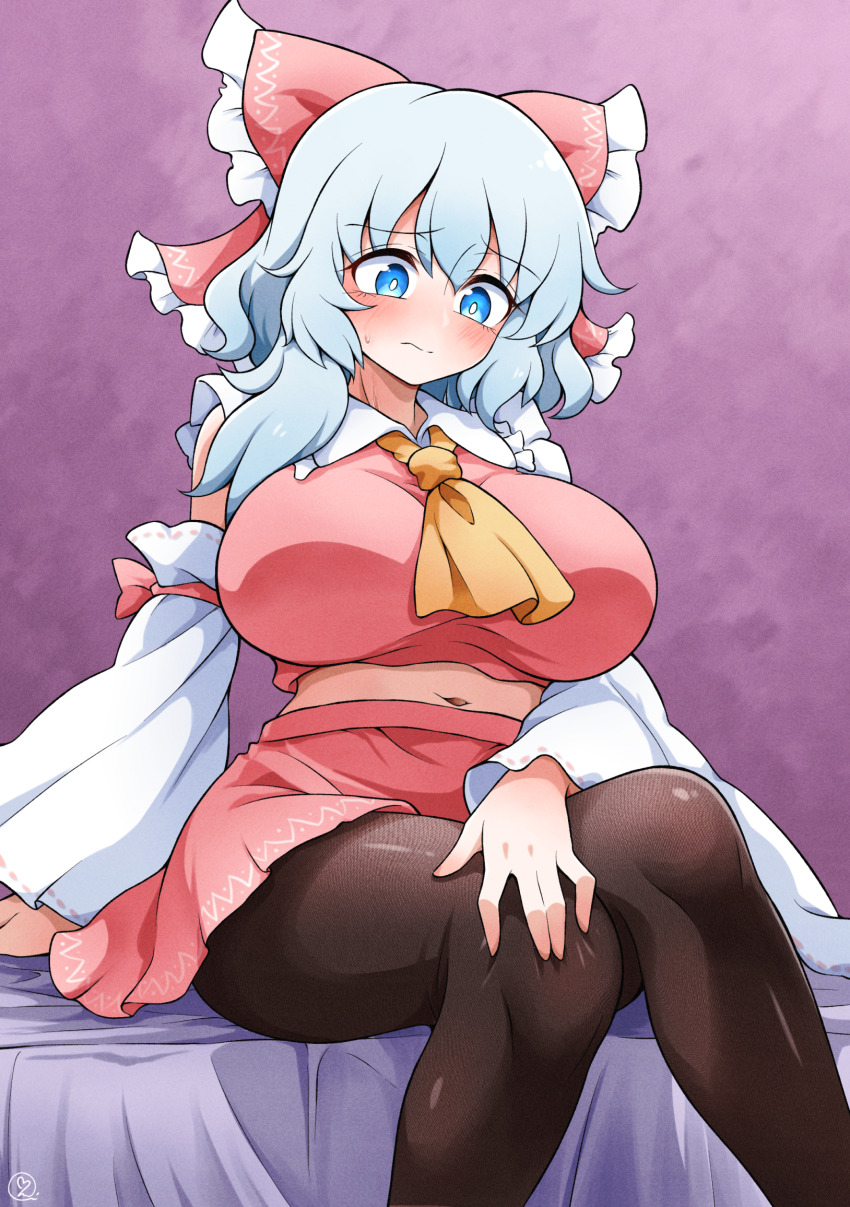 1girl alternate_costume ascot blue_eyes blue_hair blush bow breasts brown_pantyhose closed_mouth commentary_request commission cosplay detached_sleeves frilled_bow frills hair_bow hakurei_reimu hakurei_reimu_(cosplay) highres large_breasts long_hair merlin_prismriver midriff navel pantyhose red_bow red_skirt ribbon-trimmed_sleeves ribbon_trim scavia10 sitting skeb_commission skirt skirt_set solo sweatdrop touhou wide_sleeves yellow_ascot