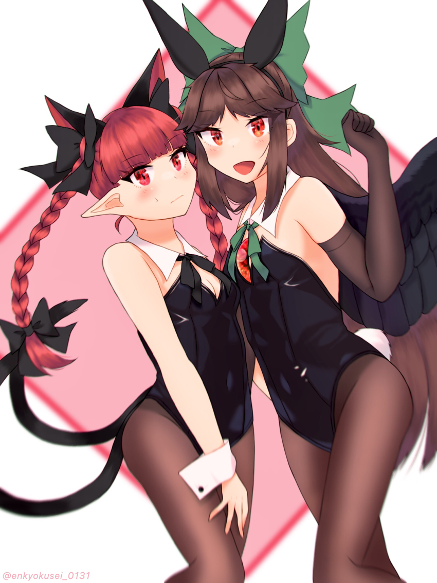 2girls :d animal_ears bare_shoulders bird_wings black_bow black_wings blurry bow braid breasts cat_ears cat_tail chest_jewel cleavage cosmos_0131 cowboy_shot depth_of_field detached_collar dutch_angle extra_ears feathered_wings feet_out_of_frame green_bow hair_bow highres kaenbyou_rin leotard long_hair multiple_girls multiple_tails open_mouth pantyhose pointy_ears red_eyes red_hair reiuji_utsuho small_breasts smile strapless tail touhou twin_braids two_tails wings wrist_cuffs