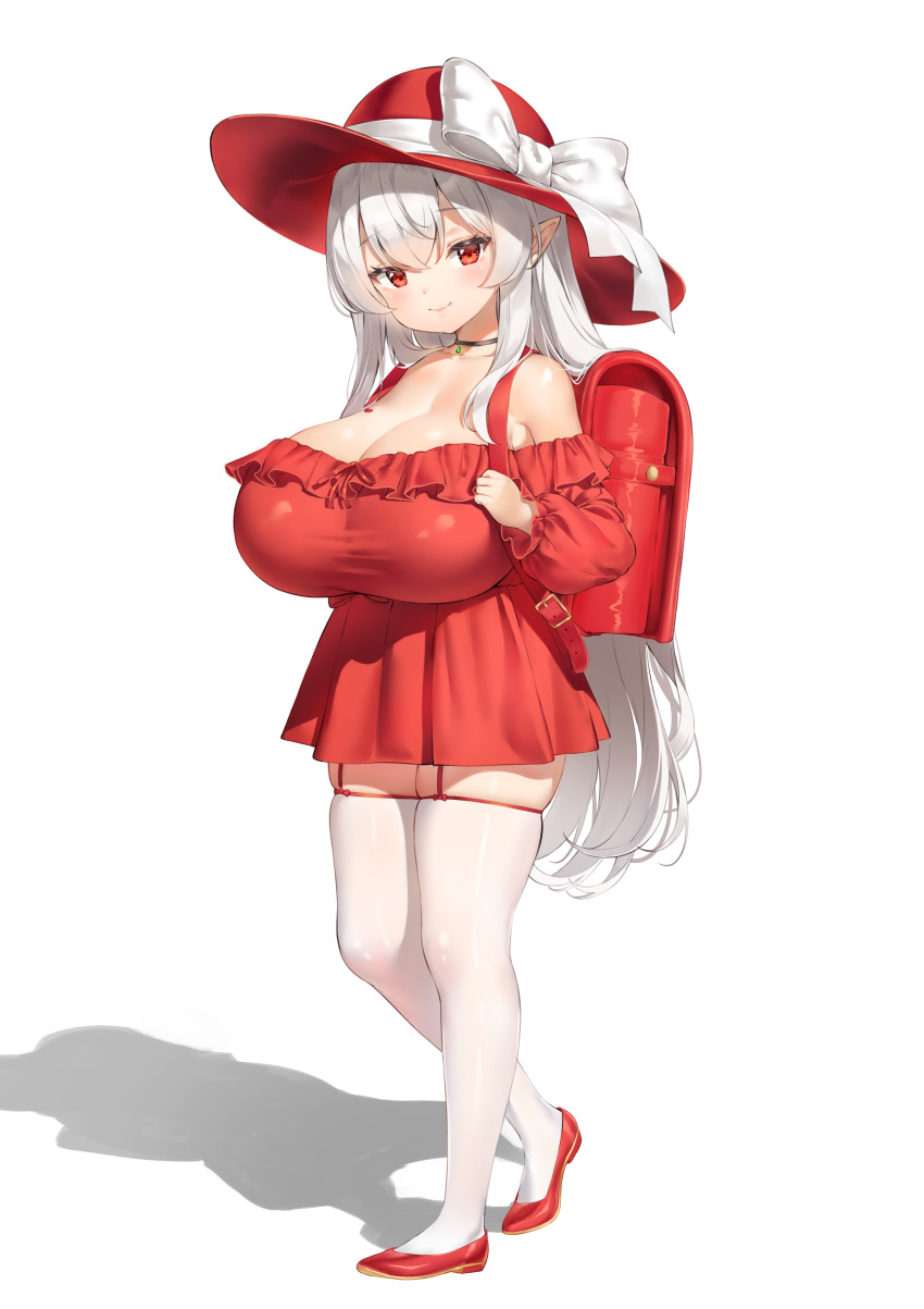 1girl absurdres backpack bag black_choker bow breasts choker cleavage dress full_body hat hat_bow highres huge_breasts keibeam light_smile looking_at_viewer oppai_loli original pointy_ears randoseru red_dress red_eyes red_footwear red_hat short_dress simple_background solo standing thighhighs white_background white_bow white_hair white_thighhighs