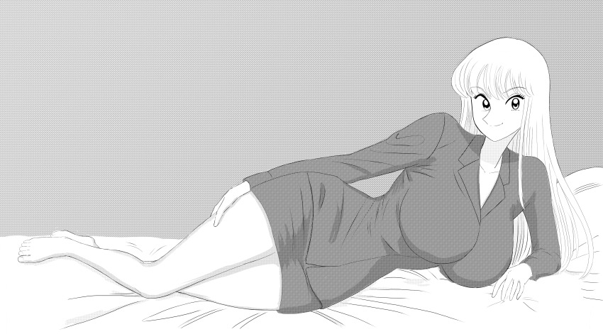 1girl absurdres akimoto_katherine_reiko barefoot bed_sheet breasts closed_mouth collared_jacket full_body grey_background greyscale hand_on_own_hip highres jacket kochikame large_breasts long_hair long_sleeves looking_at_viewer lying monochrome official_style on_bed on_side pencil_skirt shiroichi_st simple_background skirt solo toenails toes