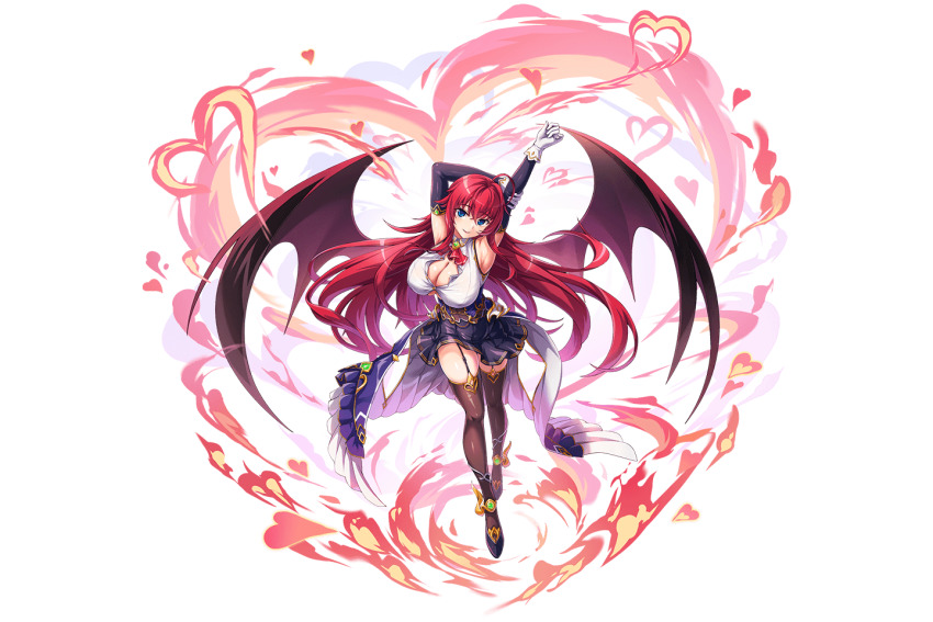 1girl black_thighhighs breasts cleavage demon_wings full_body game_cg gloves green_eyes heart high_school_dxd kamihime_project large_breasts long_hair looking_at_viewer official_art purple_skirt red_hair rias_gremory see-through_clothes see-through_thighhighs shirt skirt stretching thighhighs white_gloves white_shirt wings