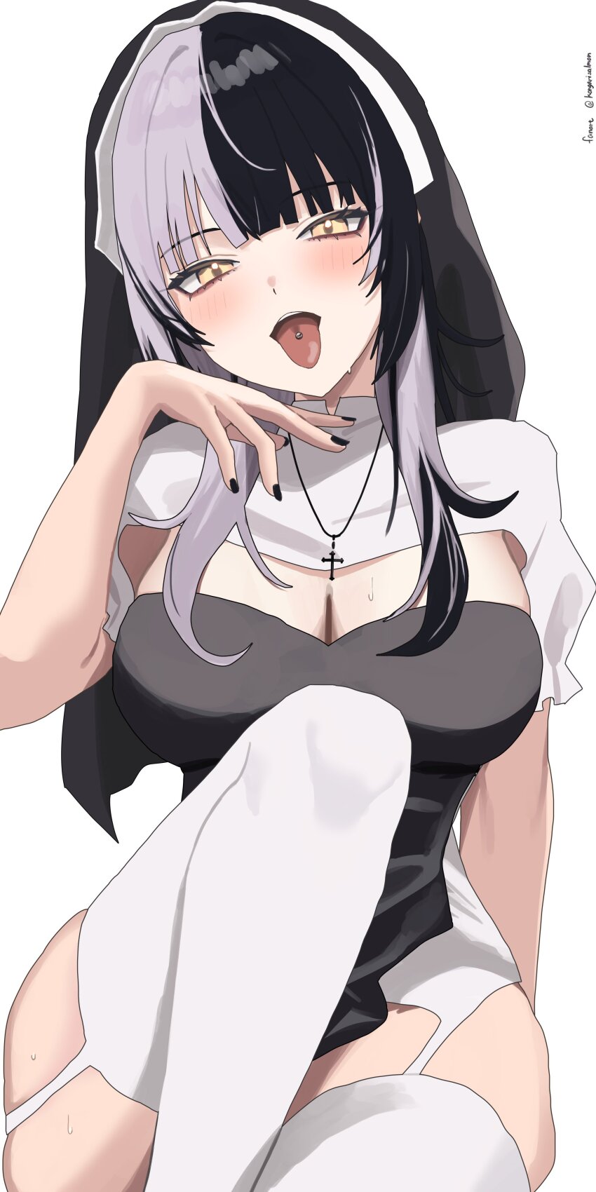 1girl :p absurdres alternate_costume black_dress black_hair black_nails breasts cleavage cross cross_necklace dress garter_belt grey_hair hair_between_eyes highres hololive hololive_english jewelry kongarisalmon large_breasts latin_cross long_hair looking_at_viewer multicolored_hair necklace nun open_mouth piercing shiori_novella simple_background smile solo split-color_hair thighhighs tongue tongue_out tongue_piercing two-tone_hair underwear virtual_youtuber white_garter_belt yellow_eyes