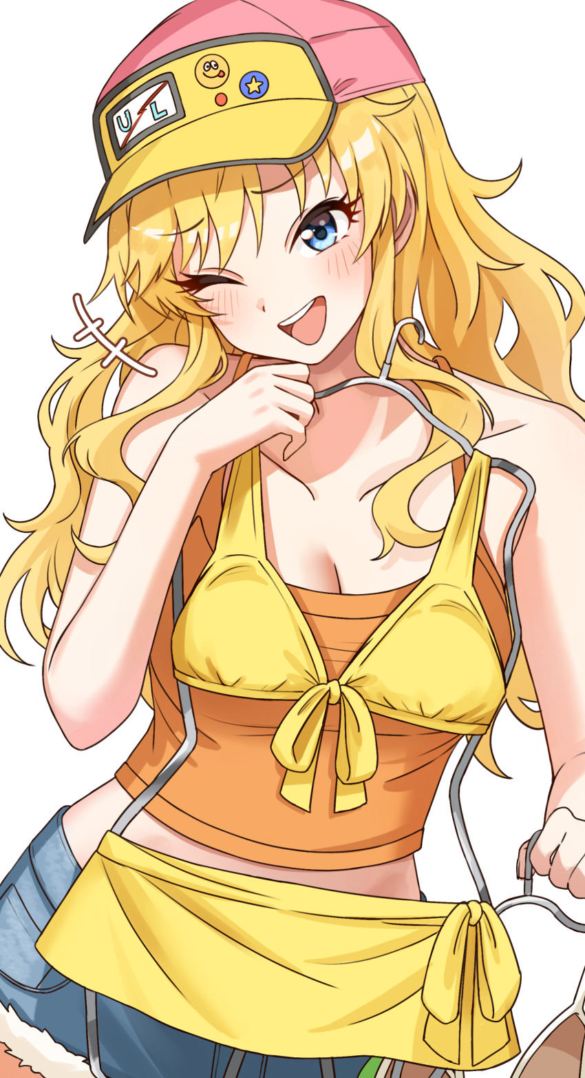 1girl ;d absurdres bare_shoulders baseball_cap bikini blonde_hair blue_eyes blush breasts cleavage clothes_hanger clothes_in_front collarbone cropped_shirt denim denim_shorts hat highres holding holding_clothes_hanger idolmaster idolmaster_cinderella_girls long_hair looking_at_viewer medium_breasts midriff niban_(puka_0507) ohtsuki_yui one_eye_closed open_mouth orange_shirt shirt shorts simple_background sleeveless smile solo swimsuit unworn_bikini very_long_hair white_background yellow_bikini