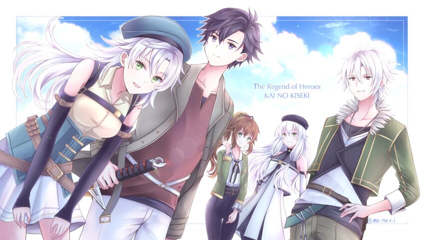 2boys 3girls altina_orion belt beret black_hat black_pants blue_hair blue_hat blue_sky border brown_hair closed_mouth cloud coat commentary_request copyright_name crow_armbrust eiyuu_densetsu fie_claussell formal fur-trimmed_jacket fur_trim green_eyes green_jacket green_suit grey_coat hand_on_own_hip hat high-waist_pants highres jacket kai_no_kiseki kuro_no_kiseki_(series) long_hair looking_at_viewer ma_tsu_r_i multiple_boys multiple_girls open_clothes open_jacket open_mouth outside_border pants purple_eyes rean_schwarzer red_shirt shirt short_hair sky smile standing suit towa_herschel white_border white_hair white_pants