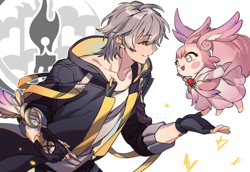 1boy 1other animal_ears arm_ribbon black_coat black_gloves blue_eyes caelus_(honkai:_star_rail) candle coat collarbone cowboy_shot creature dress feathers fingerless_gloves fire flower_symbol flying gloves grey_hair hair_between_eyes hand_up highres holding honkai:_star_rail honkai_(series) hood hooded_coat lapels long_sleeves looking_at_another mem_(honkai:_star_rail) open_clothes open_coat open_mouth pink_dress ribbon rongyuan_gulu shirt short_hair simple_background sleeveless sleeveless_dress smile standing symbol_in_eye t-shirt tail teeth trailblazer_(honkai:_star_rail) two-sided_coat two-sided_fabric white_background white_shirt yellow_coat yellow_eyes