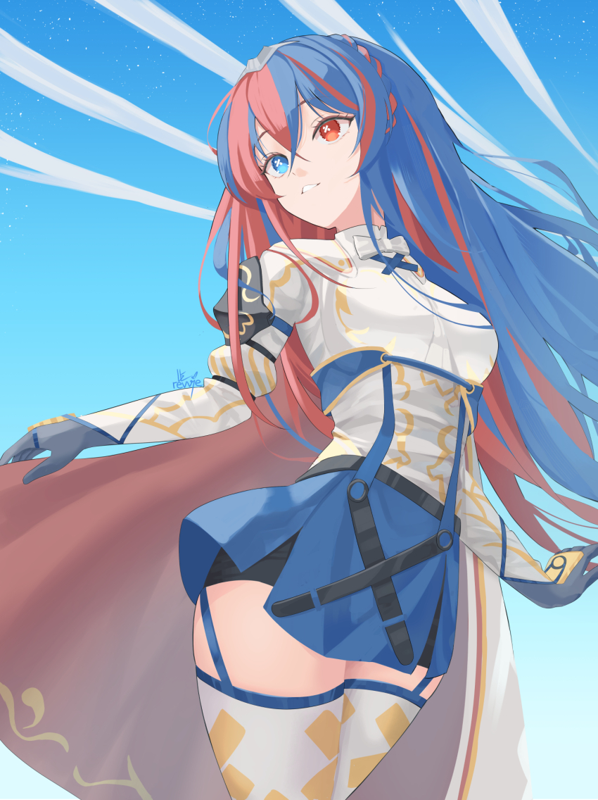 1girl alear_(female)_(fire_emblem) alear_(fire_emblem) blue_eyes blue_hair braid breasts crossed_bangs crown_braid fire_emblem fire_emblem_engage heterochromia highres large_breasts long_hair multicolored_hair nintendo red_eyes red_hair revvie solo split-color_hair thighhighs tiara two-tone_hair