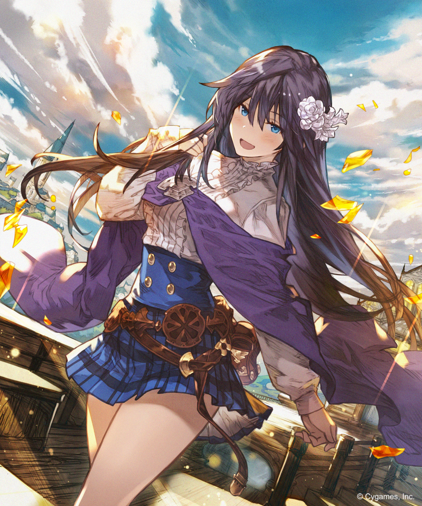 1girl :d black_hair blue_eyes blue_skirt blue_sky cowboy_shot day dress_shirt ezusuke floating_hair flower hair_between_eyes hair_flower hair_ornament high-waist_skirt highres long_hair looking_at_viewer miniskirt open_mouth outdoors pleated_skirt shingeki_no_bahamut shirt skirt sky smile solo standing very_long_hair white_flower white_shirt