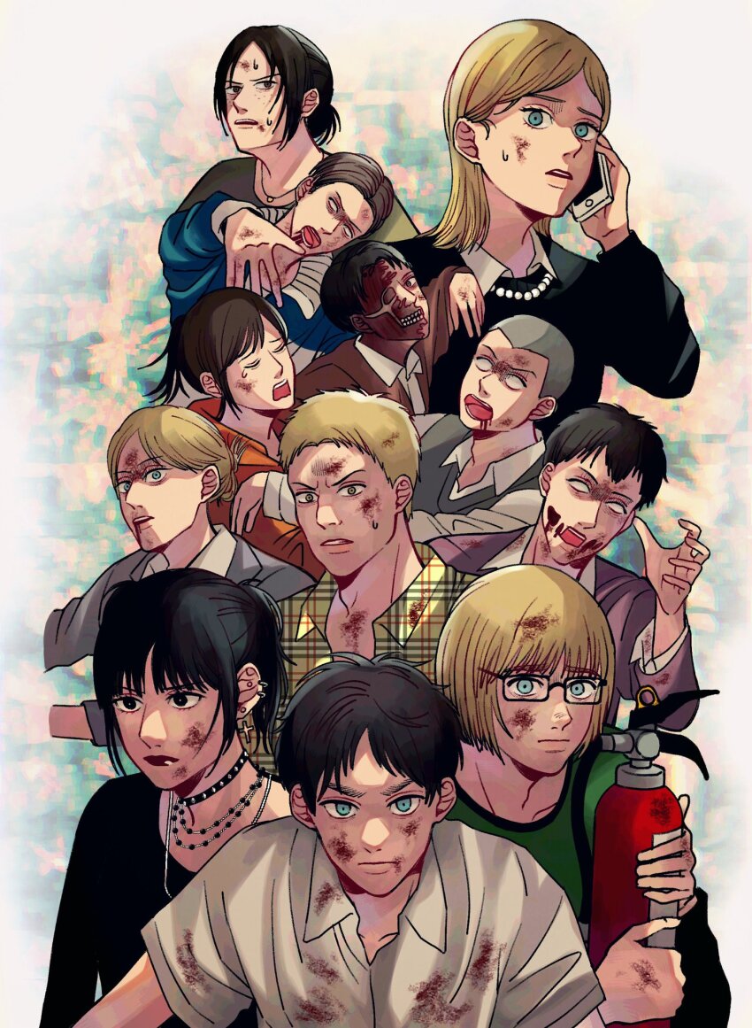 alternate_universe annie_leonhart armin_arlert bead_necklace beads bertolt_hoover bespectacled black_choker black_eyes black_hair blank_eyes blonde_hair blood blood_from_mouth blood_on_clothes blood_on_face blue_eyes cellphone character_request choker commentary_request dirty eren_yeager exposed_muscle fire_extinguisher glasses grey_hair highres holding holding_phone jewelry krista_lenz levi_(shingeki_no_kyojin) llq9ull mikasa_ackerman necklace phone ponytail reiner_braun sasha_blouse shingeki_no_kyojin smartphone spiked_choker spikes sweatdrop twintails unmoving_pattern ymir_(shingeki_no_kyojin) zombie