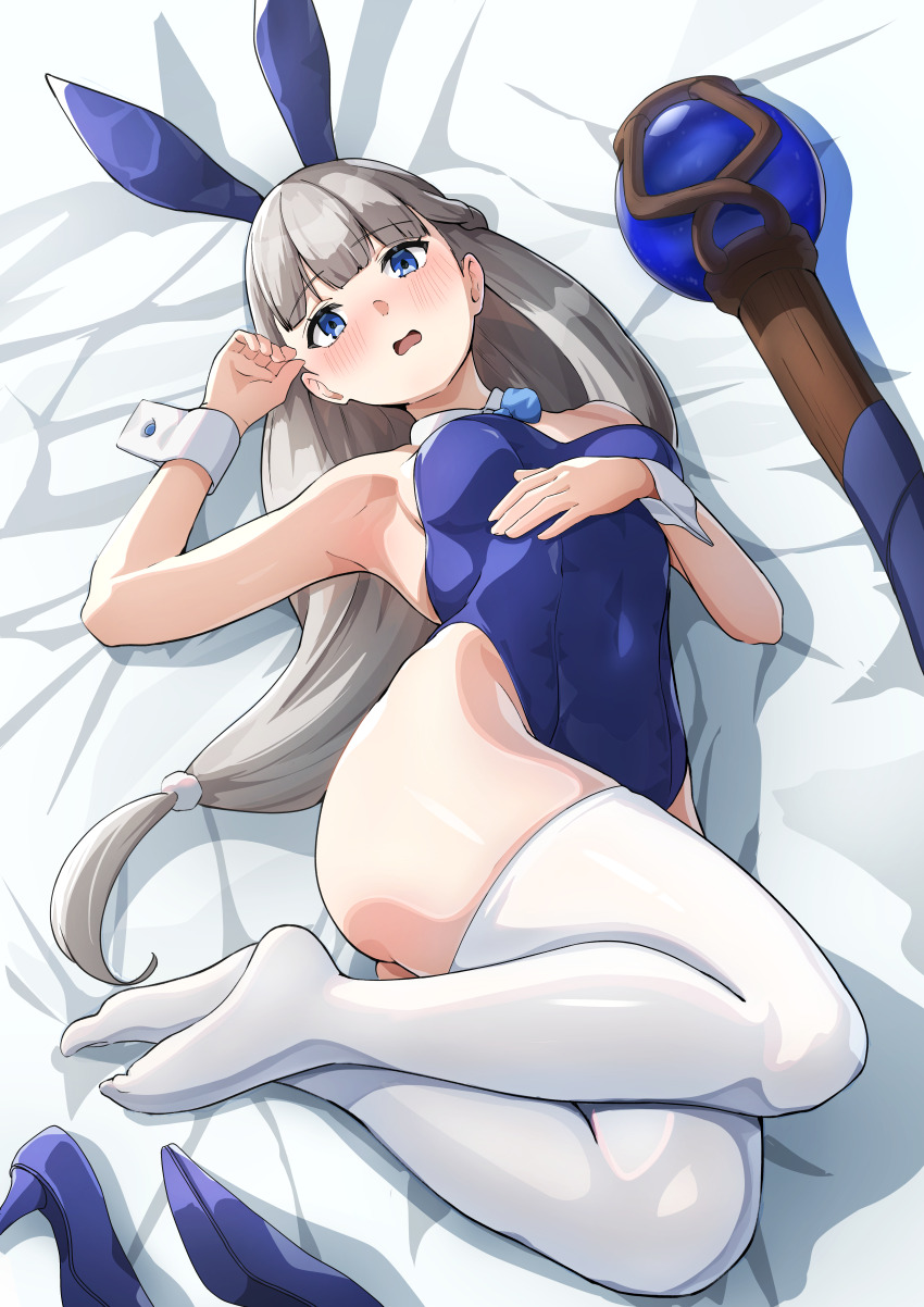 1girl absurdres animal_ears ass bare_shoulders blue_eyes blue_footwear blue_leotard blush bow bowtie braid breasts commission commissioner_upload covered_navel detached_collar ear_blush fake_animal_ears full_body grey_hair high_heels highres lawine_(sousou_no_frieren) leotard long_hair lying mage_staff medium_breasts non-web_source on_back on_bed open_mouth pixiv_commission playboy_bunny rabbit_ears side_braid solo sousou_no_frieren strapless strapless_leotard thighhighs white_thighhighs wrist_cuffs yami_anko