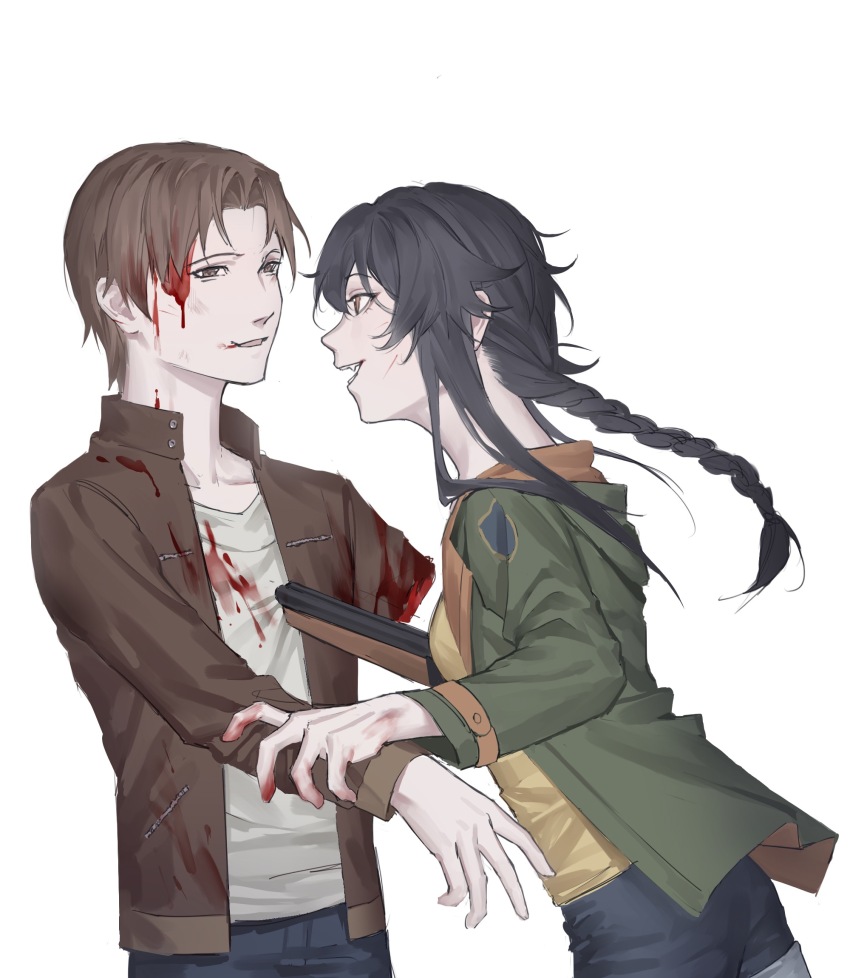 1boy 1girl alicescorpio_yeji amputee back_hair blood blood_on_clothes blood_on_face blood_on_hands braid breasts brown_eyes brown_hair brown_jacket chinese_commentary commentary_request fang fusaishi_haruaki green_jacket grey_shirt hand_on_another&#039;s_arm highres jacket open_clothes open_jacket open_mouth parted_bangs raging_loop serizawa_chiemi shirt short_hair simple_background single_braid small_breasts smile white_background yellow_shirt