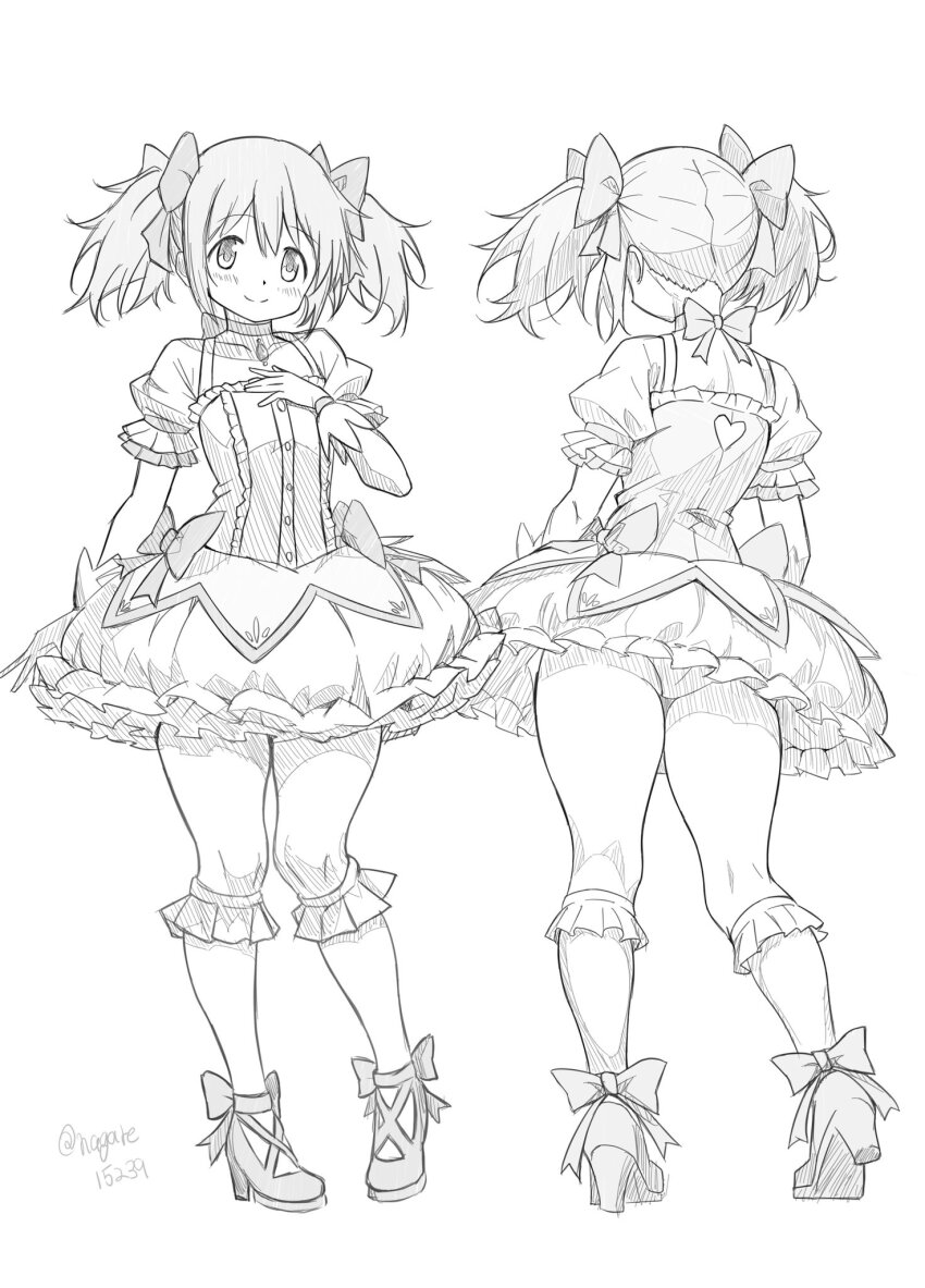 1girl ass bow bow_choker bubble_skirt choker collarbone commentary gloves greyscale hair_bow high_heels highres kaname_madoka kaname_madoka_(magical_girl) looking_at_viewer magical_girl mahou_shoujo_madoka_magica mahou_shoujo_madoka_magica_(anime) medium_hair monochrome multiple_hair_bows multiple_views nagare_(flow) panties puffy_short_sleeves puffy_sleeves short_sleeves skirt smile socks twintails underwear