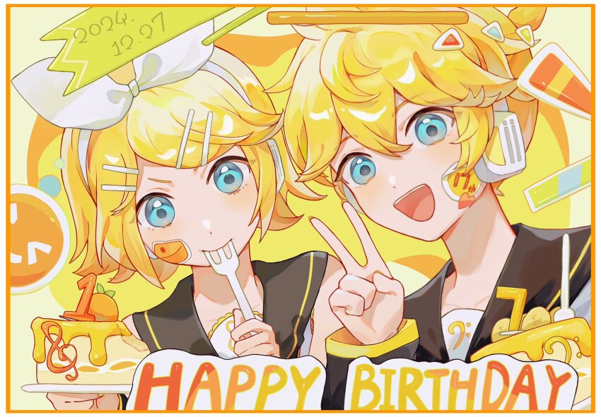 1boy 1girl :d anniversary black_sailor_collar bow_hairband cake cake_slice chinese_commentary commentary_request dated food food_bite fork fruit hair_ornament hairband hairclip happy_birthday heart highres holding holding_fork holding_plate kagamine_len kagamine_rin musical_note nanasun_(nnsn02777) open_mouth orange_(fruit) plate sailor_collar smile sticker teeth tongue triangle upper_teeth_only v vocaloid white_hairband yellow_theme