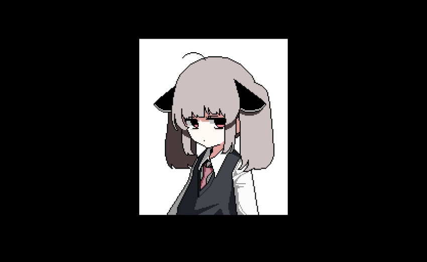 ++_(9oafxjjhuktkdef) 1girl ahoge animated animated_gif bags_under_eyes black_eyes black_sweater_vest brown_hair closed_mouth collared_shirt head_down looking_at_viewer medium_hair necktie pink_eyes pixel_art red_necktie shirt simple_background slouching solo sweater_vest touhoku_kiritan twintails upper_body voiceroid white_background white_shirt