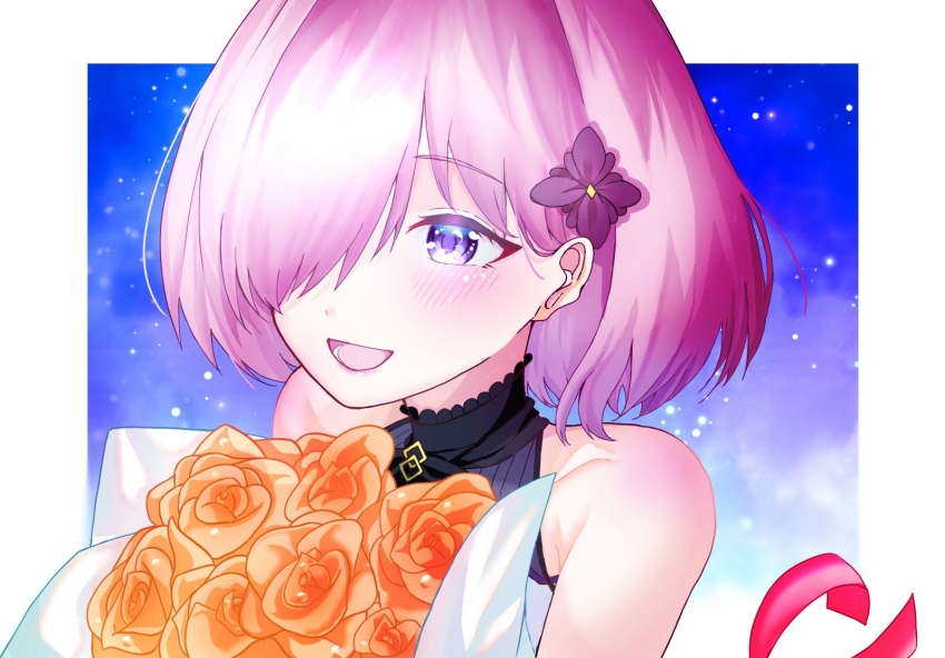 1girl bare_shoulders black_neckwear blush bouquet collarbone commentary_request dress fate/grand_order fate_(series) flower hair_flower hair_ornament hair_over_one_eye highres light_purple_hair mash_kyrielight mash_kyrielight_(under_the_same_sky) official_alternate_costume one_eye_covered open_mouth orange_flower orange_rose purple_eyes purple_flower rose short_hair sleeveless sleeveless_dress smile solo t_maguo tongue under_the_same_sky upper_body white_dress