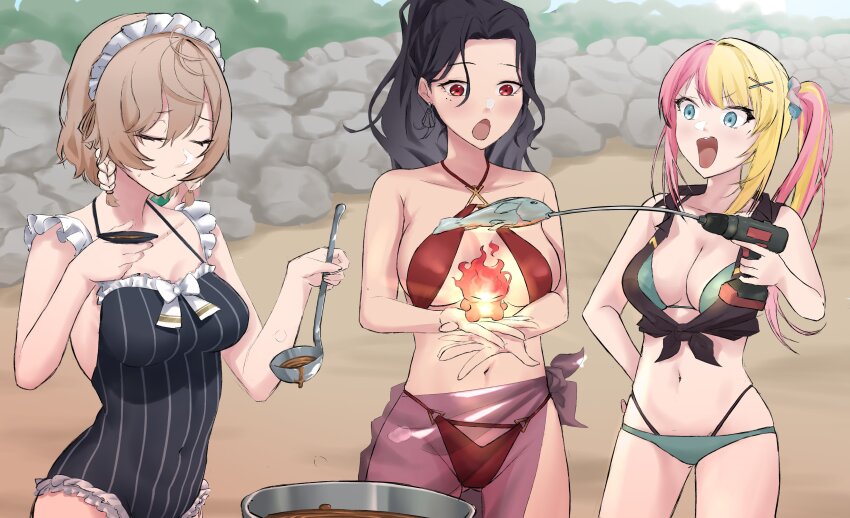 3girls absurdres bikini black_hair blonde_hair blue_eyes blush braid breasts brown_hair cleavage closed_eyes cooking covered_navel fish food gluteal_fold hair_between_eyes highres holding holding_ladle holding_power_drill klara_charmwood kotoka_torahime ladle large_breasts long_hair maid_headdress medium_breasts medium_hair mole mole_under_eye momojii_e multicolored_hair multiple_girls navel nijisanji nijisanji_en one-piece_swimsuit open_mouth pink_hair power_drill red_eyes sarong scarle_yonaguni scarling_(scarle_yonaguni) see-through_clothes see-through_sarong shirt side_ponytail soup split-color_hair sweatdrop swimsuit tied_shirt twin_braids virtual_youtuber