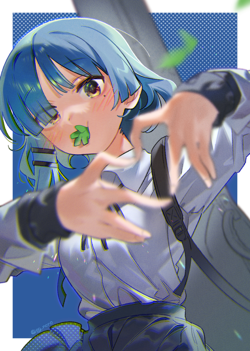 1girl asymmetrical_sidelocks black_ribbon blue_background blue_hair blue_skirt blunt_bangs blurry blush bocchi_the_rock! border collared_shirt commentary_request depth_of_field dot_nose eating falling_leaves guitar_case hair_ornament hair_over_one_eye hairclip hands_up heart heart_hands highres instrument_case leaf long_sleeves looking_at_viewer mole mole_under_eye mouth_hold outside_border parted_bangs polka_dot polka_dot_background ribbon school_uniform shimokitazawa_high_school_uniform shirt shirt_tucked_in short_hair skirt sofa_(enogunomu) solo stalk_in_mouth upper_body white_border white_shirt yamada_ryo yellow_eyes